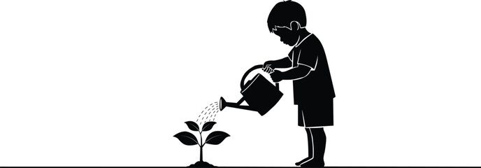 A young boy carefully waters a small plant with a watering can © KarimaAkter