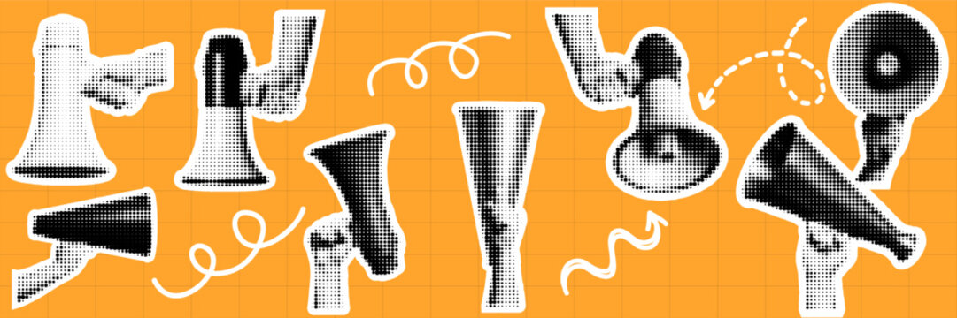 Halftone pop art dot hand holding megaphone announcement speaker communication protest voice symbol vector illustration
