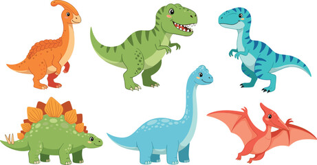 Cute dinosaur characters collection tyrannosaurus stegosaurus brachiosaurus parasaurolophus pterodactyl cartoon prehistoric animals flat vector illustration set © EdGe Creative