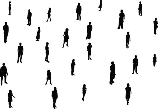 Crowd of people silhouettes standing in various poses isolated on white background for architecture and urban design projects