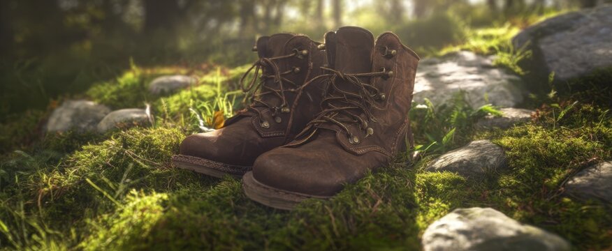 The Boots Resting on Mossy Forest Ground Amid Soft Morning Sunlight and Rocks