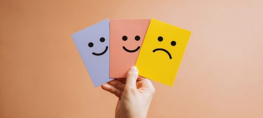 The Face Cards Held by Hand Showing Happy, Neutral and Sad Emotions for Feedback