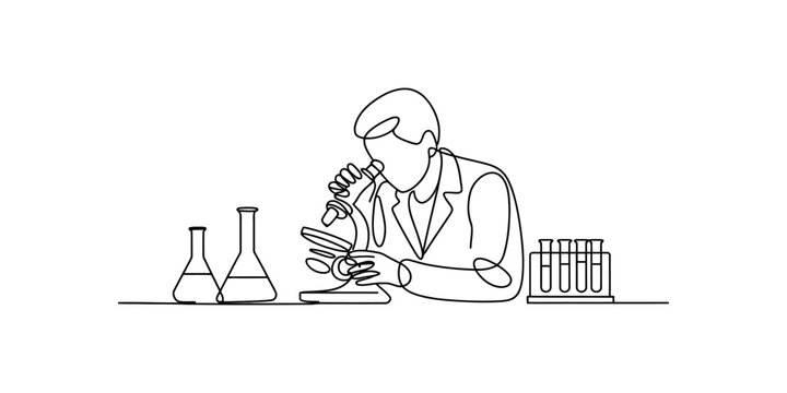 A continuous single-line drawing illustrating a scientist using a microscope in a laboratory setting Vector, illustration