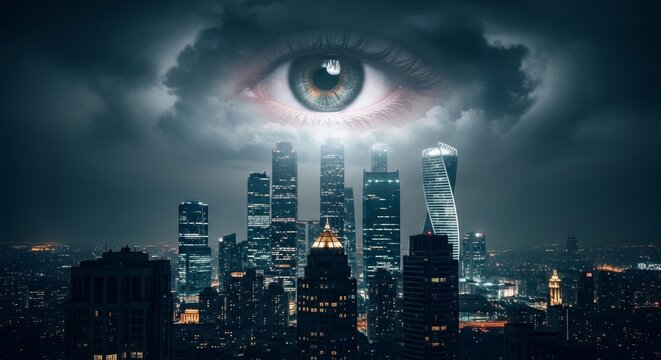 A massive, hyper-realistic human eye floats in the stormy sky, overlooking a modern city skyline with glowing skyscrapers. This surreal 3D animation represents surveillance, observation, big brother c