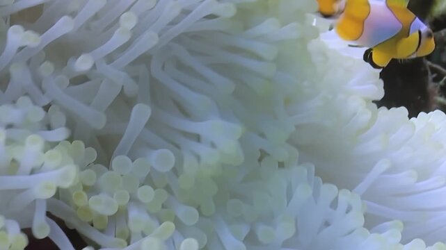 A vibrant orange Clownfish peeks out and dances among the creamy white tentacles of its Anemone home. This underwater marvel showcases a beautiful symbiotic relationship.