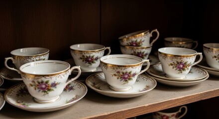 Fototapeta premium A set of elegant vintage porcelain tea cups and saucers with gold rims and floral patterns rotating slowly on a wooden surface. This detailed 3D animation is perfect for historical themes, luxury life