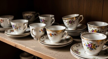 Fototapeta premium A set of elegant vintage porcelain tea cups and saucers with gold rims and floral patterns rotating slowly on a wooden surface. This detailed 3D animation is perfect for historical themes, luxury life