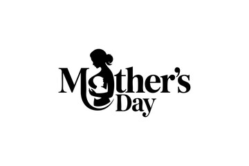 Happy Mother&rsquo;s Day Typography with Mother and Baby Silhouette