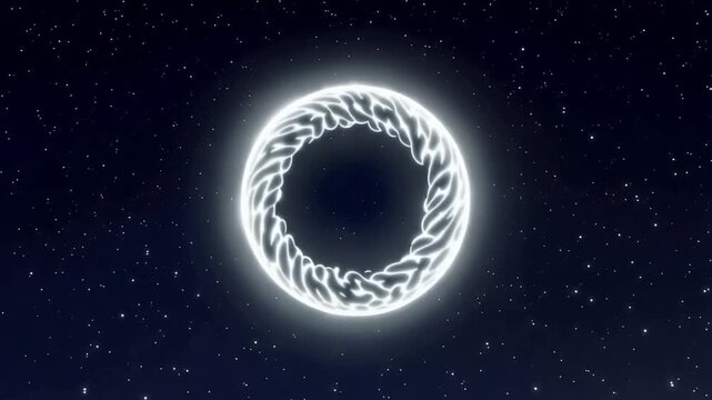 Glowing white portal vortex with braided details floats in outer space with stars