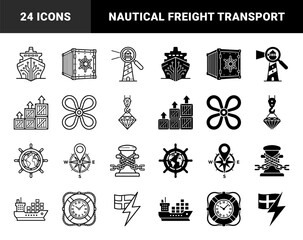 Obraz premium Marine logistics and maritime technology icons featuring hybrid designs of cargo ships with circuit patterns and lighthouses with magnifying lenses