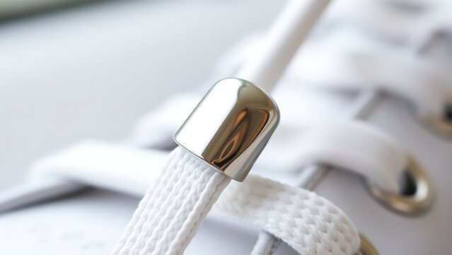 osmium. Polished metal aglet at the end of a white shoelace with metallic texture. lifestyle magazines, social media lookbooks, designed for lifestyle magazines and social media content.