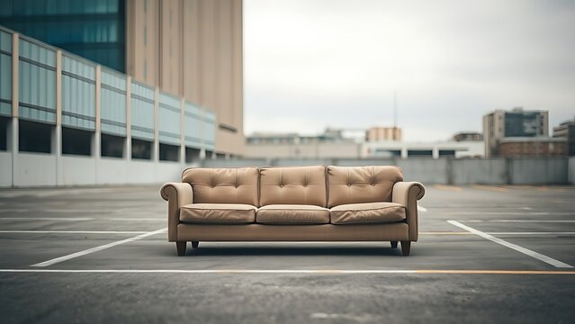 flagrant. A worn-out sofa on an empty urban lot, overcast daylight. real-estate listings, architecture portfolios, designed for interior renovation comparisons for interiors.