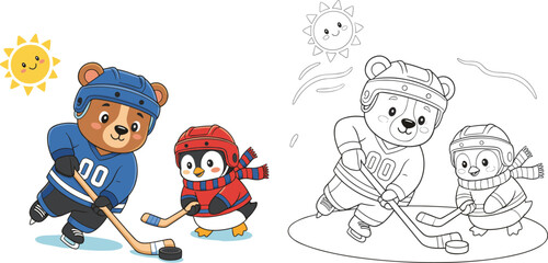 Fototapeta premium Playful bear and penguin ice hockey match illustration with smiling sun, colorful sports uniforms, and fun winter activity scene plus black-and-white coloring page version