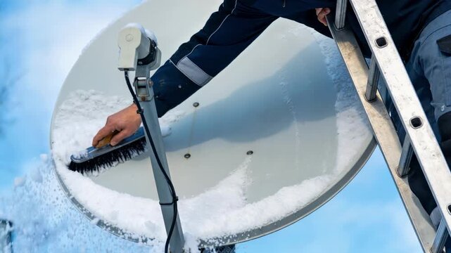 Focused medium shot of worker on a ladder gently scraping snow off a satellite antenna with the outoffocus sky highlighting the detailed deicing process.