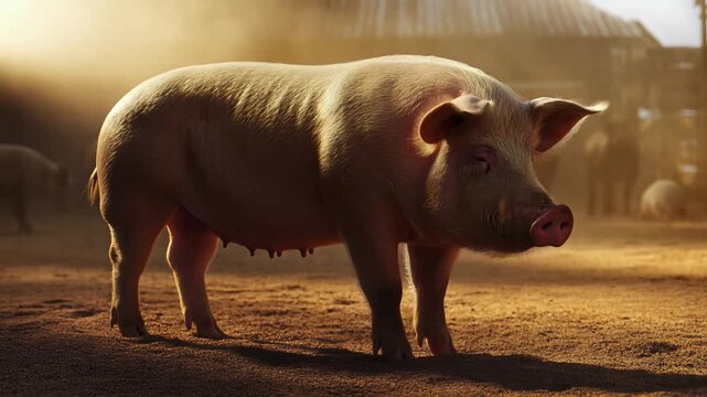 A large pink pig stands on dirt in a farm yard with a barn behind.