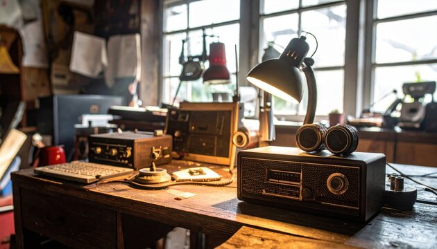 An improvised communication system featuring vintage shortwave radios and associated equipment, meticulously assembled on a rustic workbench bathed in warm light from a desk lamp.