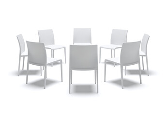 "A minimalist arrangement of eight white chairs in a circular formation, symbolizing collaboration and unity, representing the concept of Team Building."