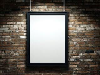 Hanging Framed Poster Display Against Rustic Brick Wall Interior