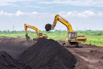 Industrial excavation scene with heavy machinery and coal piles in field