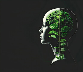 Cabeza humana con cerebro de árbol y hojas verdes, símbolo de mente sana, crecimiento personal, pensamiento positivo, salud mental, conexión con la naturaleza, bienestar mental en fondo negro