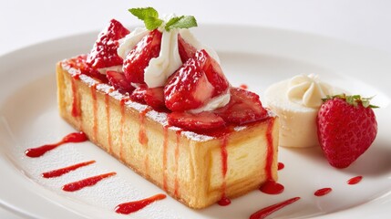 Strawberry Topped Creamy Brioche-Style Dessert with Whipped Cream Delight