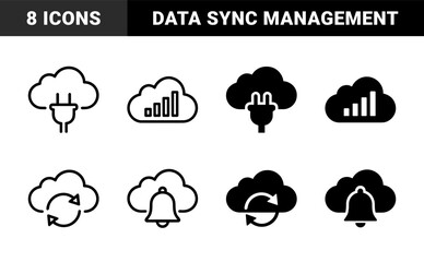 Fototapeta premium Cloud computing hybrid symbols featuring integrated power plug connections data signal bars synchronization arrows and notification bell alerts