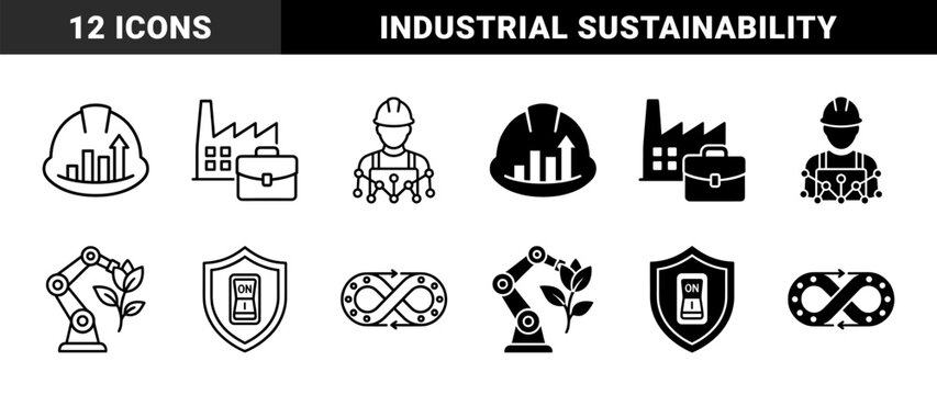 Industrial Manufacturing and Sustainable Energy Hybrid Icons Featuring Robotic Arms with Leaves and Worker Safety Helmets with Growth Charts