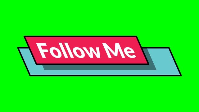 Vibrant 4K seamless loop of sliding follow me text on magenta and teal rectangle shapes over a green screen. Modern color scheme for TikTok and contemporary digital content productions