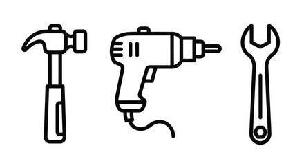 Fototapeta premium Vector graphic illustration of a hammer, drill, and wrench tools for construction and repair work purposes