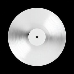 Shiny silver vinyl record with central label and grooves on black background