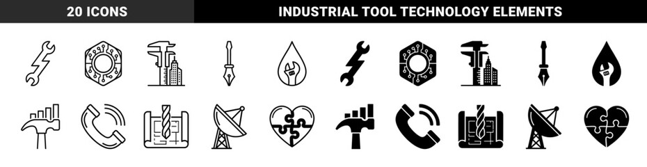 Obraz premium Hybrid Industrial and Technical Symbols Merging Engineering Tools with Communication Data and Construction Elements in Linear and Solid Styles