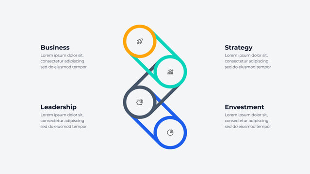 4 step diagonal connected circles infographic forming vertical workflow chain with linked round segments