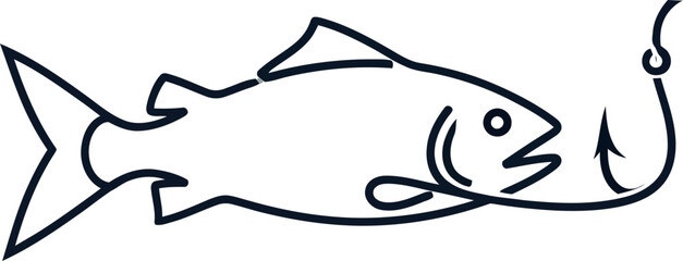 Obraz premium Minimalist single line art illustration showcasing a fish connected to a fishing hook, elegantly capturing the essence of marine life, fishing, danger, or temptation themes.