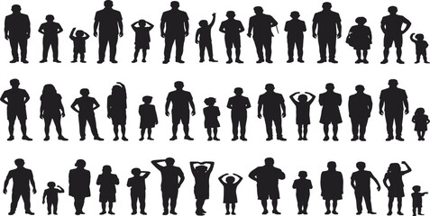 Collection of diverse human silhouettes set, men women and children in various poses isolated on white background, people icons illustration pack