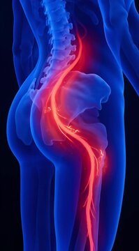 Female body sciatic nerve pain from lower back through glutes to thigh, 3D medical animation with red inflammation highlighting nerve pathway