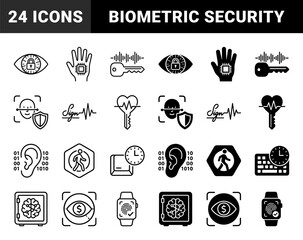 Biometric Security Hybrid Icons Featuring Eye Padlock Heartbeat Key Brain Safe and Hand Microchip Designs for Advanced Identity Verification