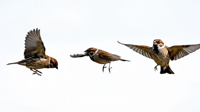Three sparrows flying with wings spread against white background
