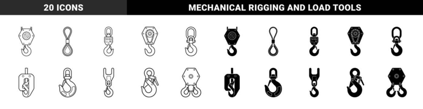 Heavy duty industrial lifting equipment icons featuring crane hooks combined with mechanical gears chains and digital weight scale displays