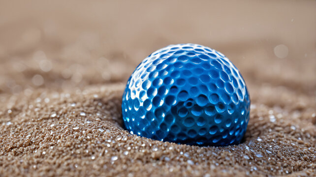 Blauer Golfball im Sandbunker Nahaufnahme