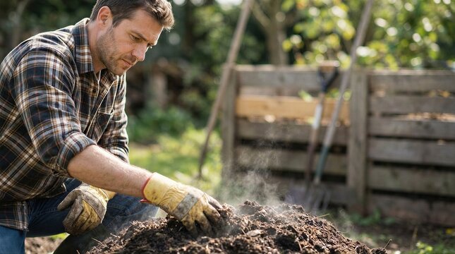 Farmer checking steaming compost pile in garden. Man working with organic soil, humus, and fertilizer. Sustainable agriculture, waste recycling, and eco-friendly farming concept in nature.