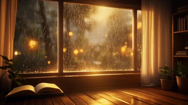Cozy room interior with open book on wooden floor, rain outside window with warm sunlight shining through, serene library background