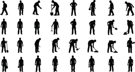 Collection of construction worker silhouettes showing manual labor poses with shovel pickaxe tools digging cleaning carrying equipment isolated set for industry workforce design © Arifa