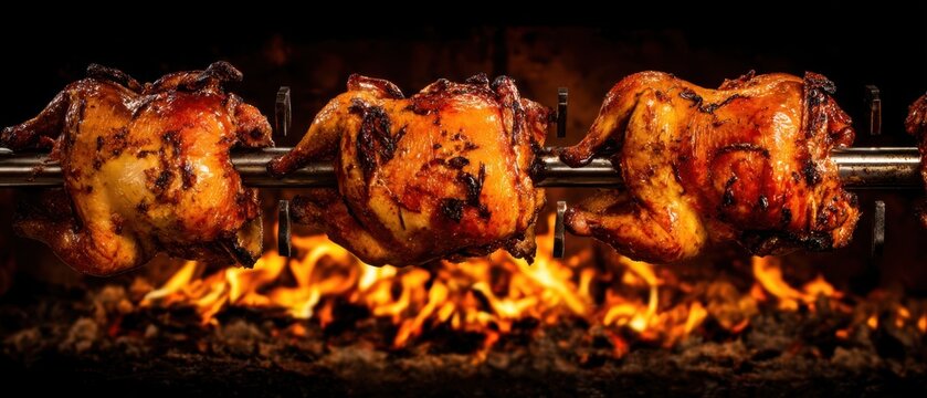 The Rotisserie Chickens Roasting Over Open Flame on a Stainless Steel Spit