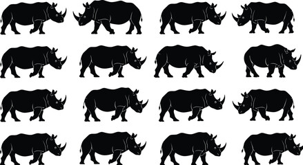Rhinoceros silhouette collection, wildlife animal outline, safari figure design, nature motif illustration, African fauna icon, endangered species art © Fenshi