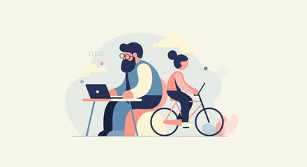Naklejka premium Diverse people engage in separate activities, one working on a laptop, the other cycling
