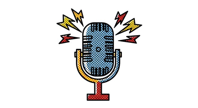 Vintage style microphone in pop art comic style with lightning bolts, perfect for podcasting, broadcasting, and public speaking themes.