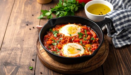 Shakshuka mit Tomaten und Eiern in Pfanne