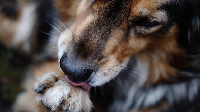 Ai Dog licking its paw while sitting on the ground