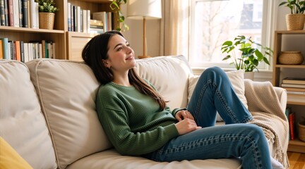 Obraz premium Young woman relaxing on a sofa in a bright living room. Happy female looking out the window at home. Cozy domestic lifestyle