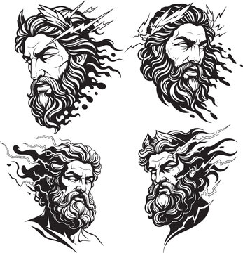 Zeus Face Tattoo Vector Collection &ndash; Greek God Mythology Illustration Set
